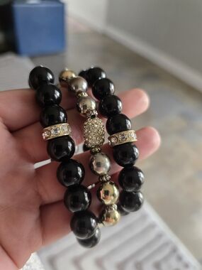 Black Beaded Stretch Bracelet Set with Silvet Accents